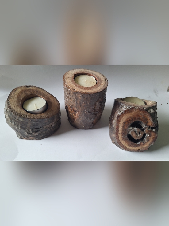 Handmade Other - Set Of 3 Rustic Brown Birch Log Tealight Candle Holder - Handmade